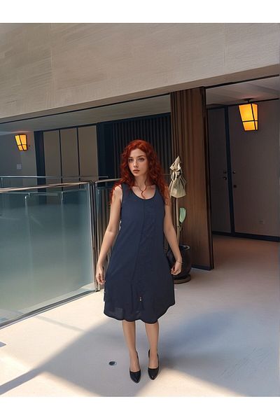 BAHHAR Rochie neagră, fără mâneci, lungime midi, cu decolteu rotund, în stil boem, din bumbac spălat de vară (FĂRĂ CĂPTUȘEALĂ)