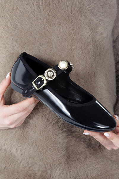 PAYZİN Babet "NİLÜFER" din piele lacuita neagra cu varf rotund, talpa plată, ...