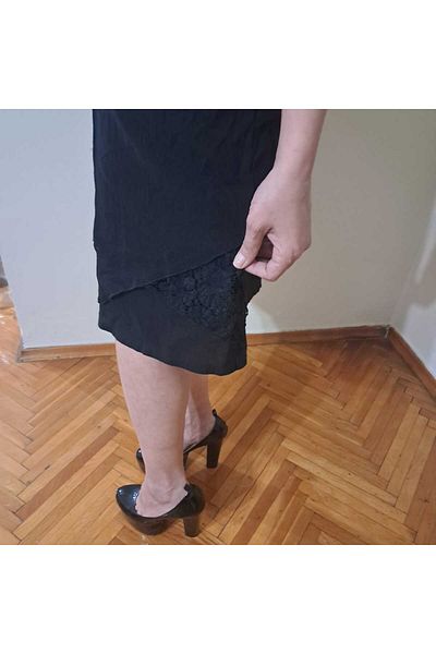 BAHHAR Rochie neagră, fără mâneci, lungime midi, cu decolteu rotund, în stil boem, din bumbac spălat de vară (FĂRĂ CĂPTUȘEALĂ)