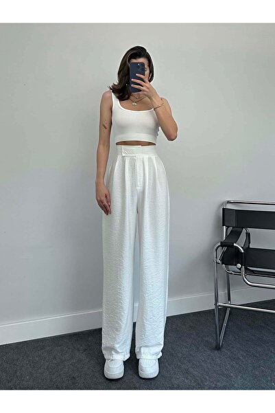 solena sln Women's Velcro Coated Linen Palazzo Trousers