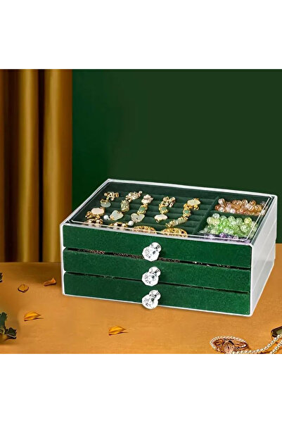 Büyük Hanım 3 Drawers Compartment Green Transparent Jewelry Box