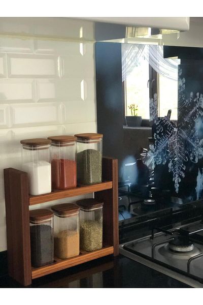 AR&MA WOOD Natural Two-Tier Wooden Spice Rack Set with Stand 6-Piece Transparent Acrylic Spice Rack