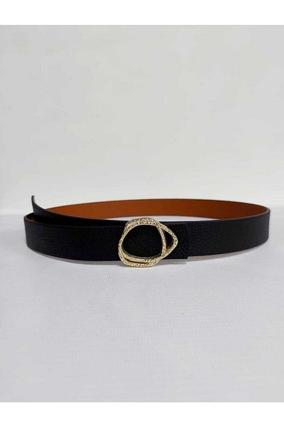 Kemerix Women's Black-tan Double-Way Gold Buckle Belt
