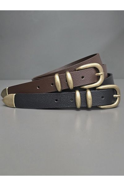 Kemerix 100% Genuine Leather Antique Coated Suit Buckle Black-Bitter Brown 2-Piece Belt Set