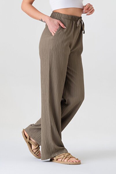 Fashion Showcase Crinkle Elastic Waist Pocket Comfortable Women's Trousers - Khaki