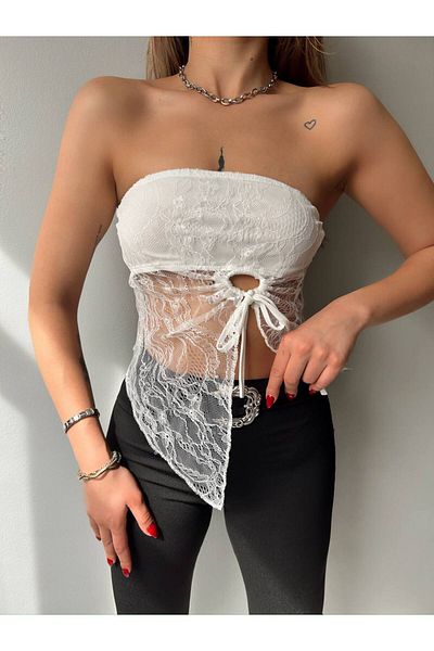 Fav Style Γυναικεία στράπλες με κορδόνια με λεπτομέρειες ασύμμετρη λευκή μπλούζα με κορδόνια
