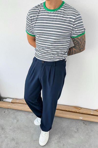 HAFKAGİYİM Navy Blue Old Money Striped Oversize T-Shirt