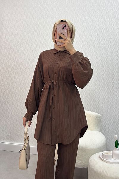 Tesettür Diyarı Women's Balloon Sleeve Lacing Detailed Double Suit-Brown