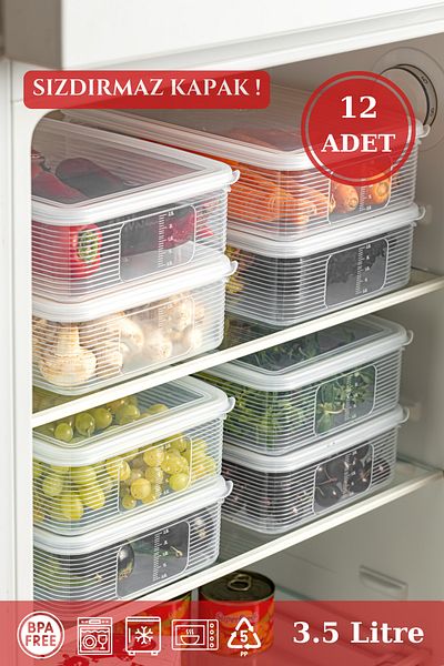 AHC LİFE 3.5 Lt 12 Pieces Leak Proof Rectangular Storage Set - Transparent Indicator