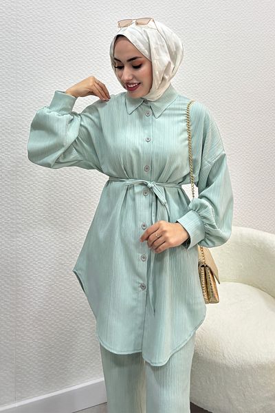 Tesettür Diyarı Women's Balloon Sleeve Lace Detailed Double Suit-Water Green