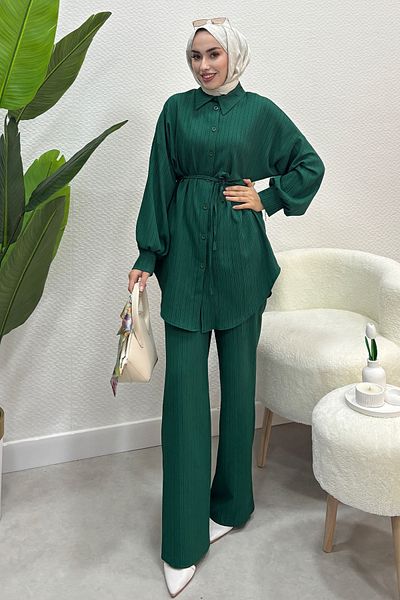 Tesettür Diyarı Women's Balloon Sleeve Lace-Up Detailed Double Suit-Emerald Green
