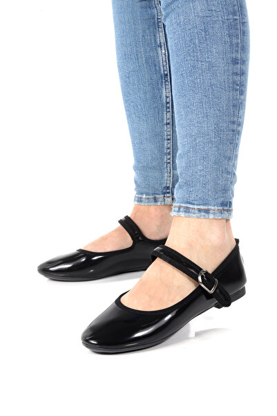 PAYZİN Babet TÜRKAN din piele lacuita neagra cu varf rotund si talpa plată, s...