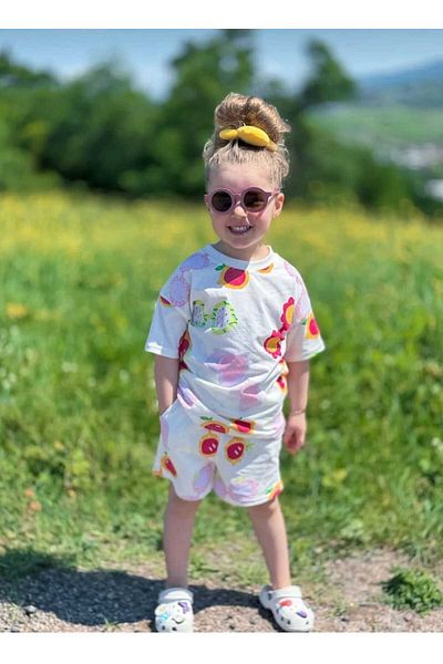 Nehirim Kids Girl's Summer Patterned and Printed T-Shirt and Elastic Waist Shorts Set with Pockets (2-3-4-5-6-7-8 Years)