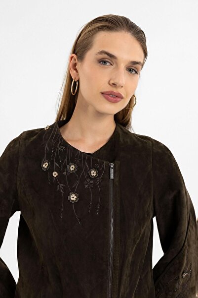 Deriderim Kado Kahve Çiçek Nakışlı Fermuarlı Astarlı Sıfır Yaka Kadın Hakiki Süet Deri Kaban