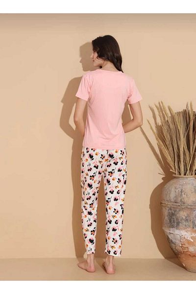 BAHHAR Women's Pink Plaid Short Sleeve Crewneck Pocketless Milan Fabric Summer Pajama Set