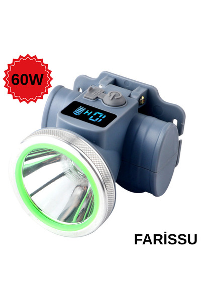 farissu Ultra Güçlü 60w Dijital Göstergeli Kafa Feneri – Şarjlı, Su Geçirmez, 3 Modlu