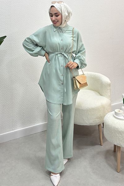 Tesettür Diyarı Women's Balloon Sleeve Lace Detailed Double Suit-Water Green