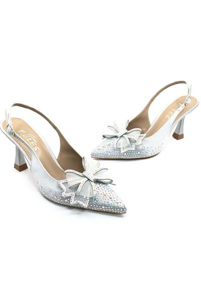 KOCAMANLAR Feles Satin Ribbon Stone Detailed Open Back Stiletto Women's Heeled Shoes Silver
