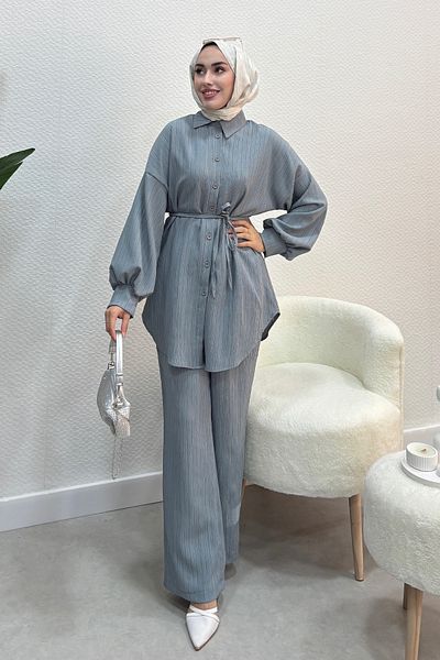 Tesettür Diyarı Women's Balloon Sleeve Lace Detailed Double Suit-Gray