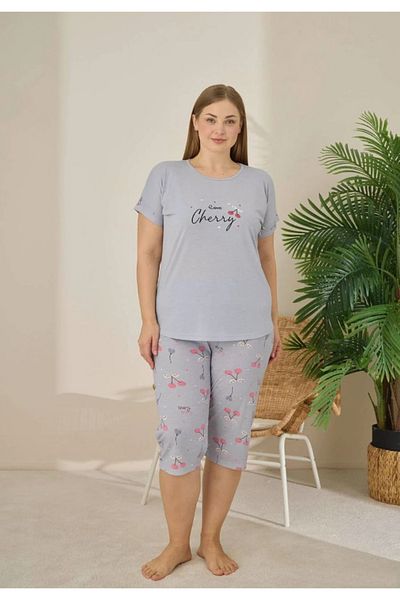 BAHHAR Women's Gray Oversize Pocketless Round Neck Short Sleeve Pajama Set