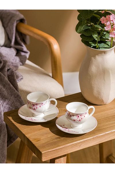 LC Waikiki Pink Floral 2-Person Porcelain Coffee Cup Set 90 ml