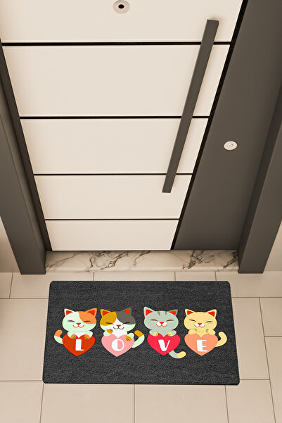 Dormot Home Ποιοτικό ψηφιακό εμπριμέ μαύρο χαλάκι πόρτας με θέμα Love Kittens