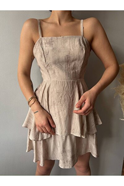 Fav Style Μπεζ Μίνι Φόρεμα Layered - Γυναικεία Ζαρτιέρες Πίσω Φούστα με λεπτομέρεια