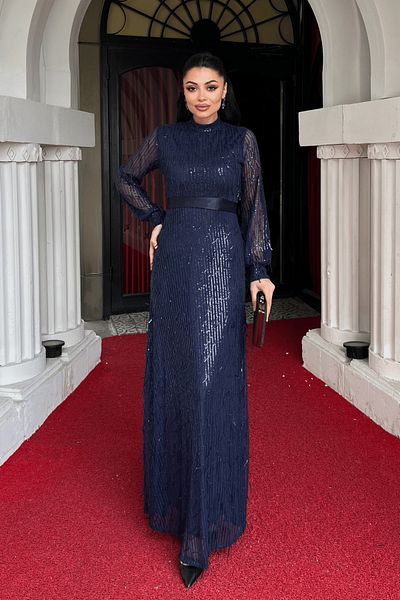 giyimmasalı Fringed Sequin Fabric Long Evening Dress - Dark Blue