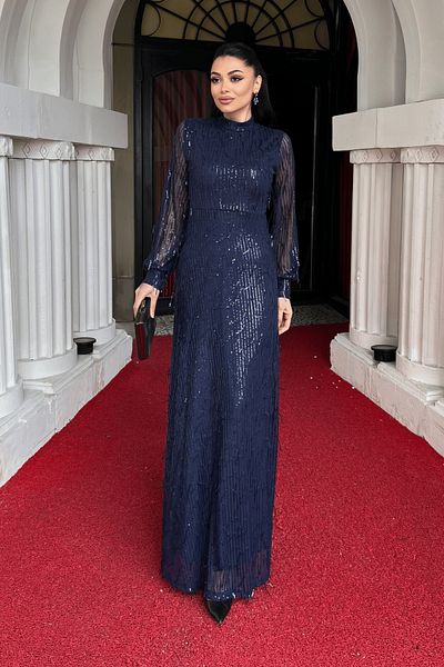 giyimmasalı Fringed Sequin Fabric Long Evening Dress - Dark Blue