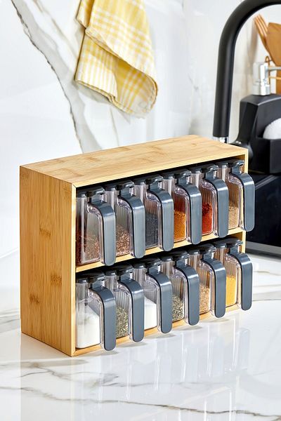 Mirilliahome Anthracite Spice Rack Set of 12 with Bamboo Stand and Spoon 25 Pieces