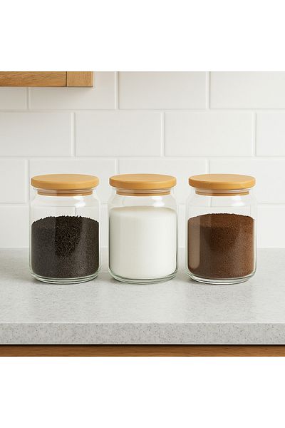 FAIR HOME Set of 3 Medium Vacuum Glass Spice Set with Bamboo Lids - 3 X 700 Ml.