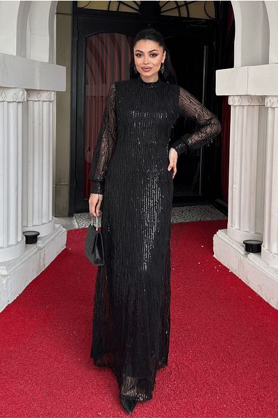 giyimmasalı Fringed Sequin Fabric Long Evening Dress - Black