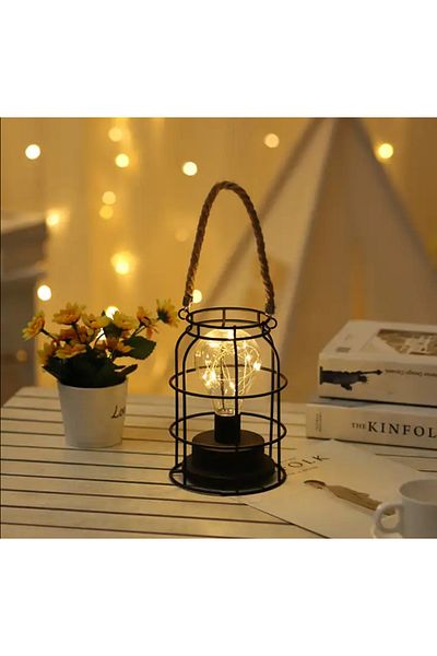 Generic مصباح LED معلق على شكل قفص عتيق، أبيض دافئ، يعمل بالبطارية/USB للفناء وغرفة المعيشة وغرفة النوم
