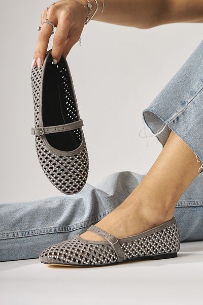 Limoya Nicole Gray Suede Oval Toe Perforated Stone Detailed Single Strap Casual Women's Shoes