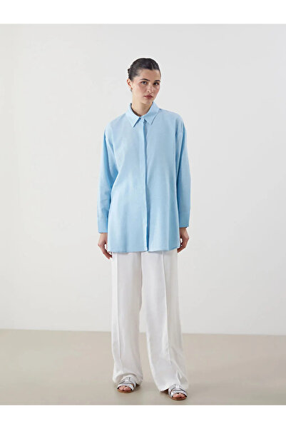 LC Waikiki LCW Modest Mavi Keten Karışımlı Kadın Gömlek Tunik