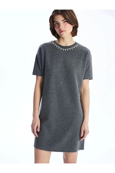 LC Waikiki Lcw Vision Anthracite Crew Neck Stone Mini Knitwear Dress