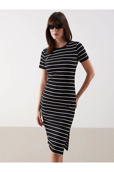 LC Waikiki Lcw Comfort Black Crew Neck Striped Dress