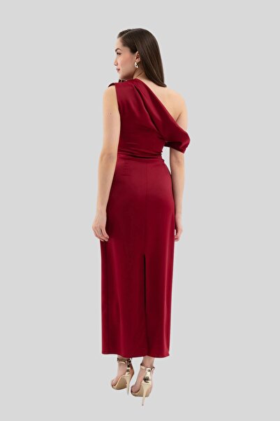 ZISHAN Degaje Yaka Midi Boy Yırtmaç Detaylı Saten Kadın Abiye Elbise 1085