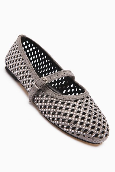 Limoya Nicole Gray Suede Oval Toe Perforated Stone Detailed Single Strap Casual Women's Shoes