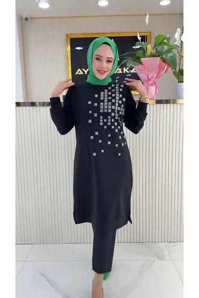 Zeynep Butik Ayşe Akay 100 cm Square Stone Pattern Tunic - Two Yarn Fabric 1655