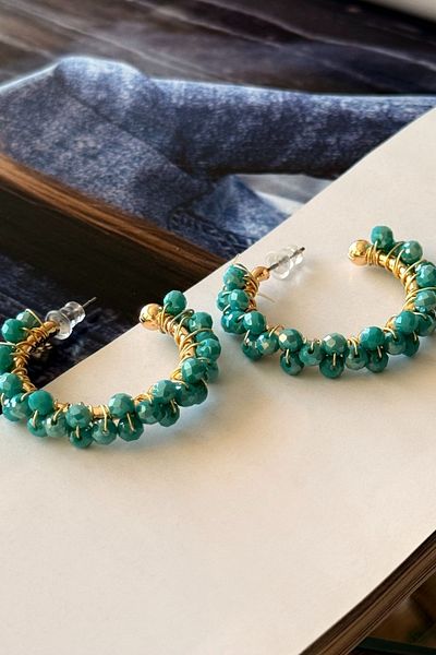 Trendy Butik Water Green Beaded Hoop Earrings