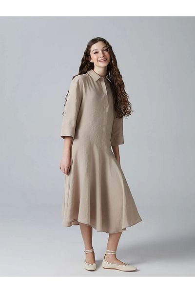 LC Waikiki Lcw Teen Beige Shirt Collar Young Girl Dress