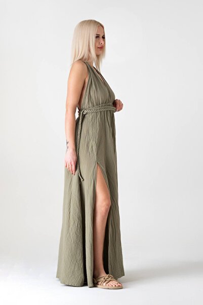 Fashion Showcase Muslin Dress Beach Dress with Knitted Detail Made from Natural Cotton - Green