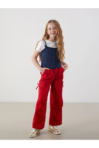 LC Waikiki Lcw kids red elastic waist bow detailed cargo pants for girls