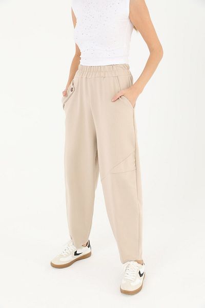 Puane Women's Button Detailed Carrot Soft Comfortable Fit Combed Cotton Trousers 181050