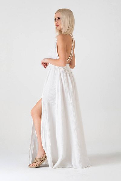 Fashion Showcase Φόρεμα Muslin Φόρεμα παραλίας με λεπτομέρεια πλεξίματος από φυσικό βαμβάκι - Λευκό