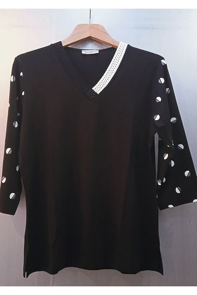 Miray Erdoğan Mi̇ray Erdoğan Large Size Collar Rib Detailed Sleeve Sim Polka Dot Black Color Blouse