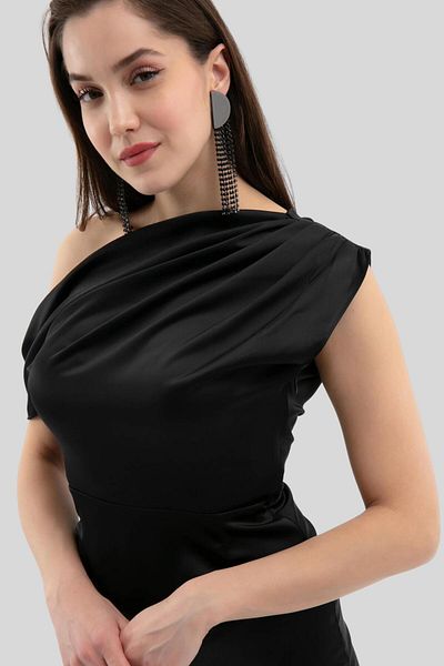 ZISHAN Chandelier Collar Midi Length Slit Detailed Satin Women's Evening Dress 1085