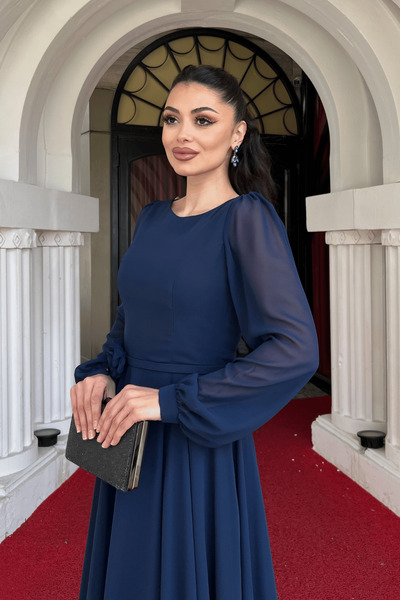 giyimmasalı Szifon szövet virág részletes Midi ruha - SÖTÉTKÉK