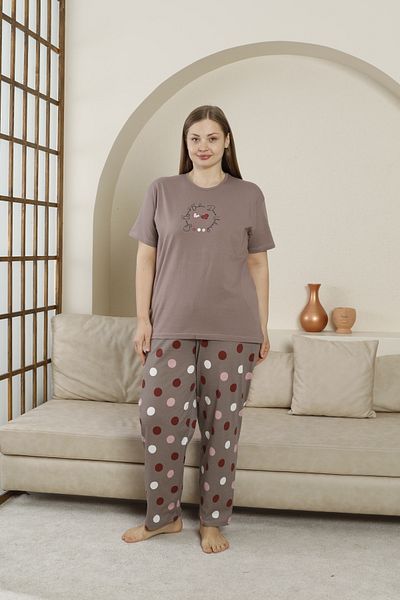 Defkay Cotton Short Sleeve Knitted Pajamas Set Large Size Brown